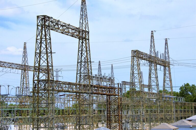 electrical, power, distribution, towers, high voltage, electricity, sky, blue, blue sky, white, wire, electrical wire, voltage, transmission, transmission lines, structure, steel structure, steel towers, steel trusses, trusses, nature, danger, supply, grid, blue power