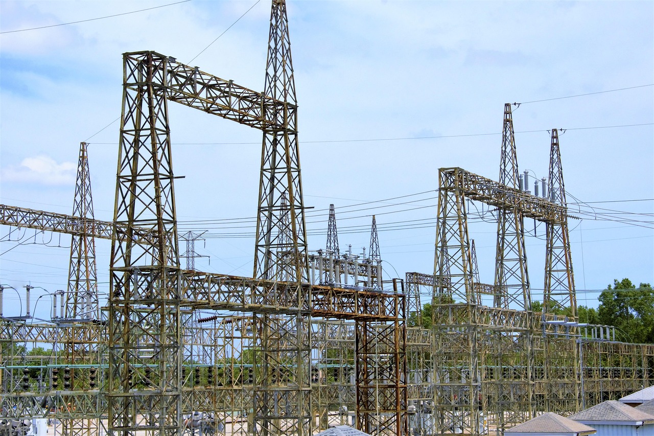 electrical, power, distribution, towers, high voltage, electricity, sky, blue, blue sky, white, wire, electrical wire, voltage, transmission, transmission lines, structure, steel structure, steel towers, steel trusses, trusses, nature, danger, supply, grid, blue power